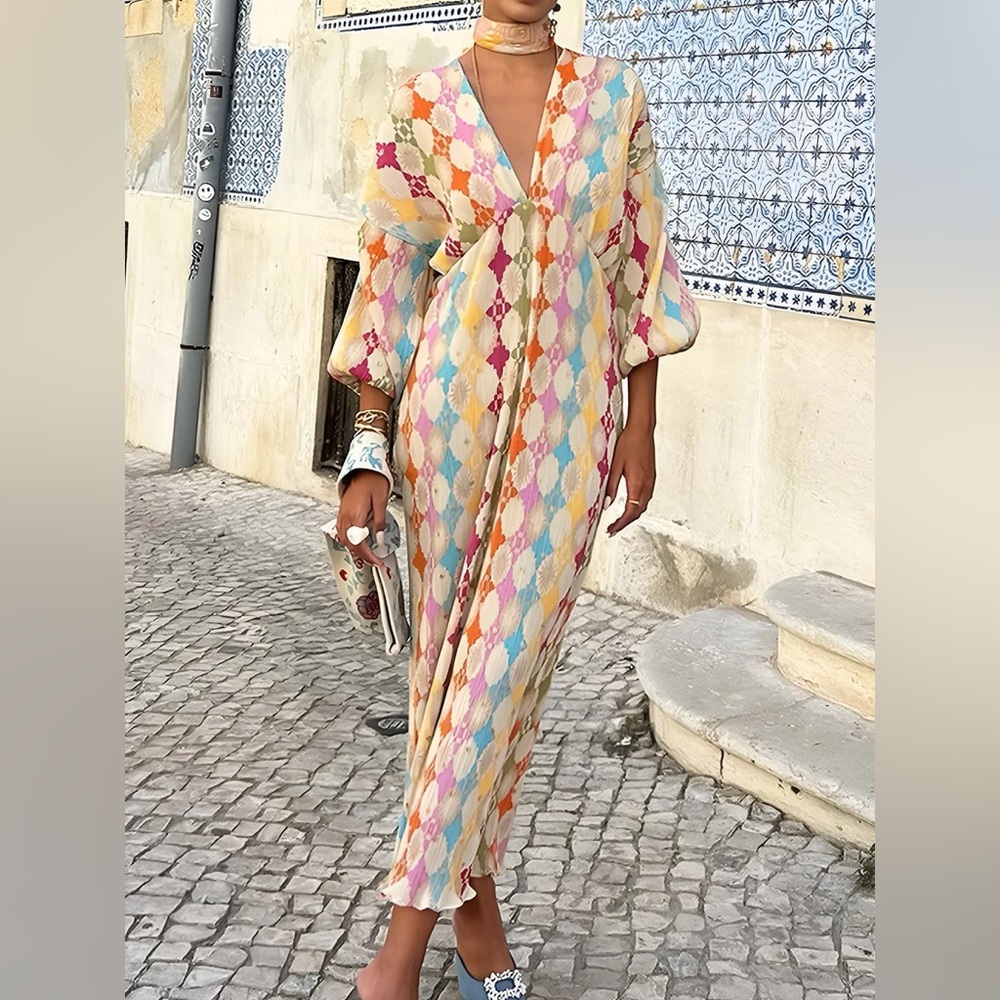 COMMENSE - Jacquard Print V-Neck Dress